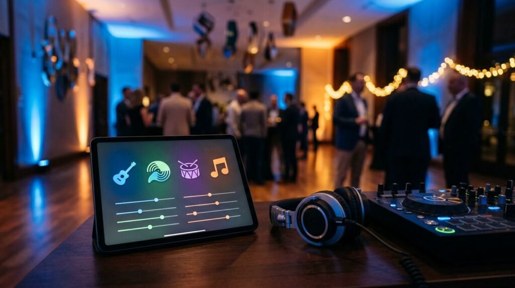 Tablet with music icons beside headphones and a DJ console at a corporate event.