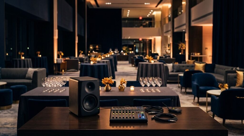 Speaker and audio mixer at an elegant corporate reception with glowing lights and set tables.