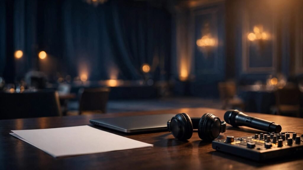 A DJ contract beside audio equipment on a conference table in a lit ballroom.