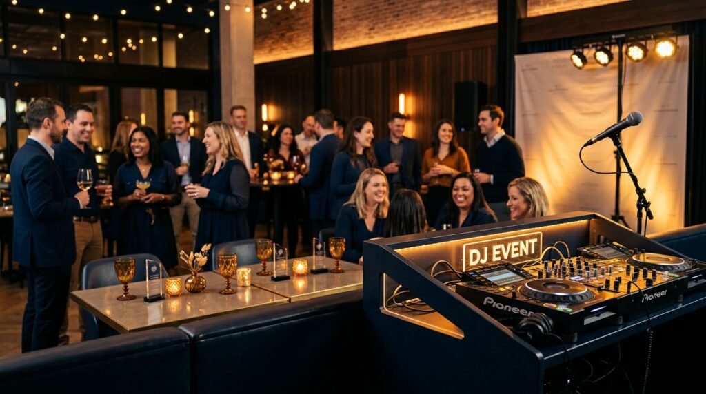 A DJ console and microphone at an employee appreciation event with coworkers chatting behind them.
