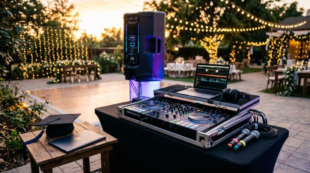Graduation Party DJ Checklist for a Smooth Celebration DJ equipment, microphones, and graduation items beside an outdoor dance floor with string lights.
