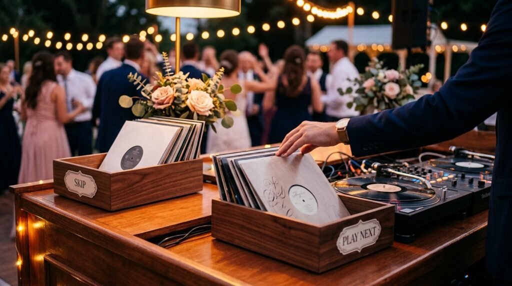 How to Build a Wedding Do Not Play List That Fits You A hand sorts vinyl records at a warmly lit wedding DJ booth.