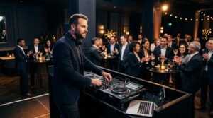 A DJ performs while guests talk and applaud around cocktail tables.