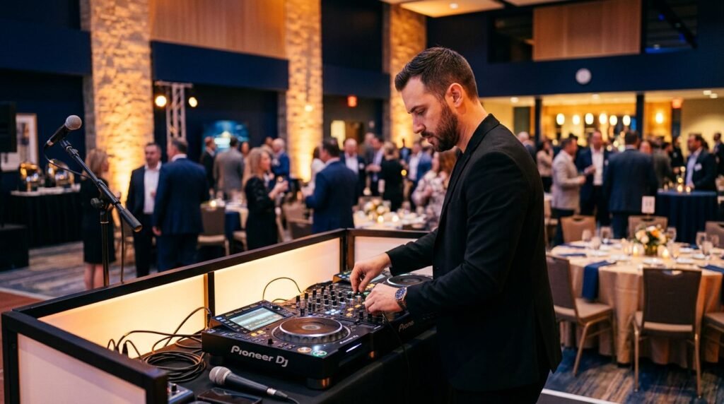 DJ adjusting a mixing console at a warmly lit corporate event.
