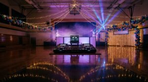 A decorated school gym with a DJ booth, colorful lights, balloons, and a shiny floor.