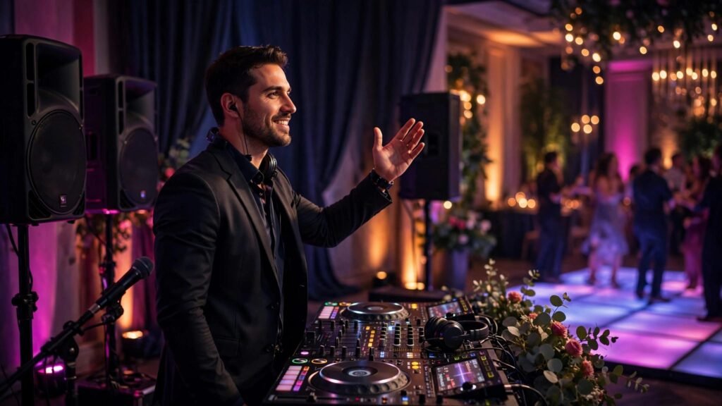 A dressed DJ raises one hand beside a controller as guests gather near a glowing dance floor.