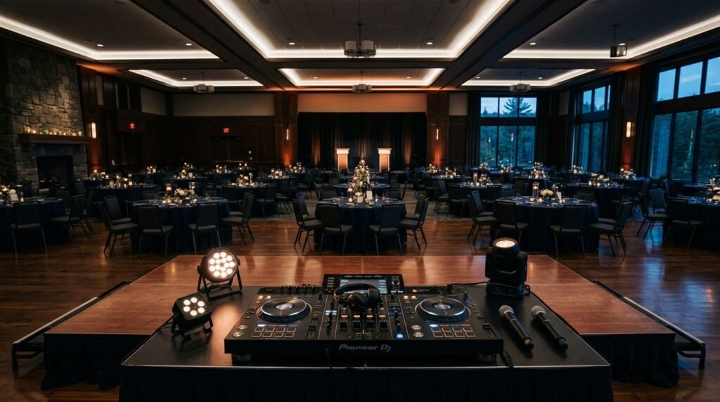 New Hampshire Corporate Event DJ Pricing: A Clear Budget Guide DJ equipment faces round tables and a softly lit presentation area in an elegant ballroom.