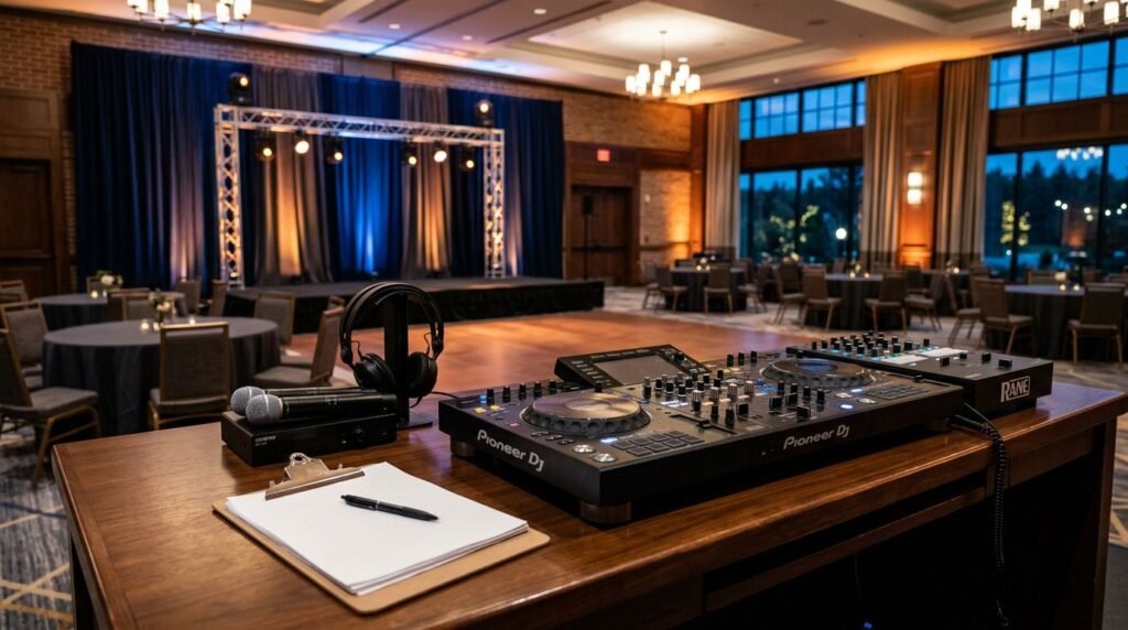 New Hampshire DJ Insurance for Corporate Venue Bookings DJ equipment and a clipboard sit on a table in a hotel ballroom.