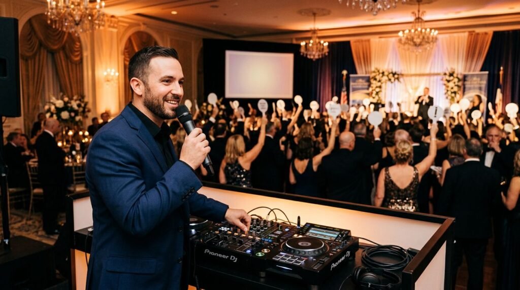 New Hampshire Fundraiser DJ Planning That Moves Donors A DJ addresses guests raising auction paddles at a warmly lit ballroom fundraiser.
