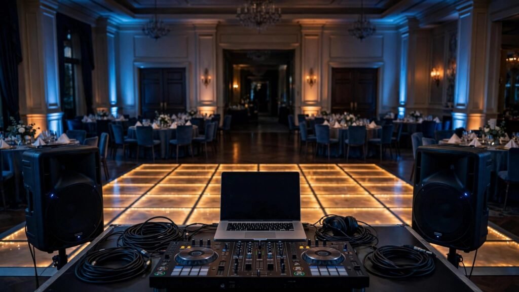 A DJ console and laptop face a glowing dance floor in a decorated banquet hall.