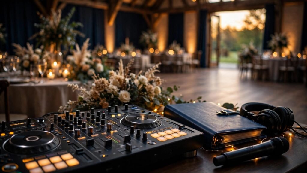 Wedding DJ equipment and a timeline binder overlook an illuminated reception dance floor.