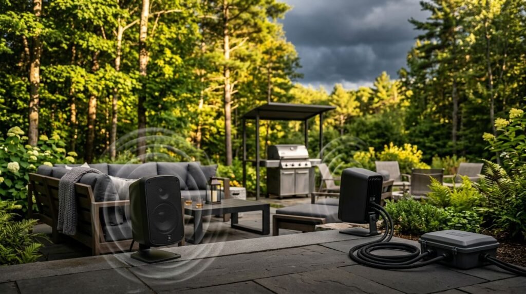 Outdoor Party Music Setup for New Hampshire Weather Two covered outdoor speakers sit beside a patio under sunny trees and dark storm clouds.