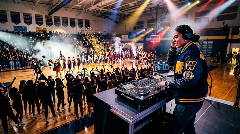 Pep Rally DJ Music Ideas That Get High School Moving A DJ performs in a school gym as colorful lights shine over the cheering crowd.