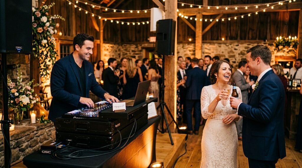 A DJ performs as an engaged couple toasts inside a warmly lit barn venue.