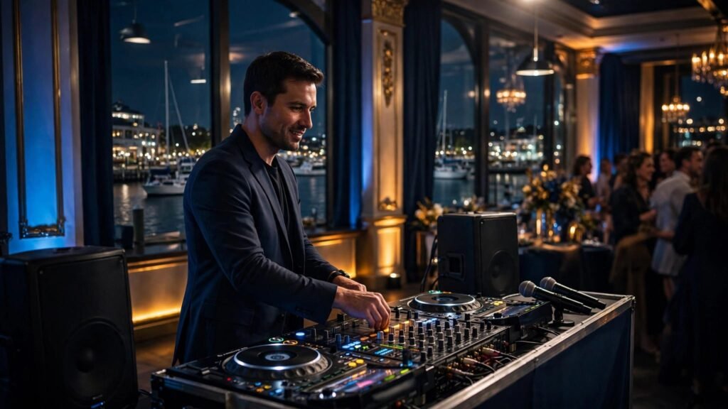 DJ adjusting a lit console at an elegant waterfront event venue.