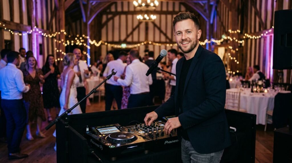 Private Party DJ Costs in New Hampshire: What to Budget A smiling DJ mixes music as guests dance beneath colorful lights.
