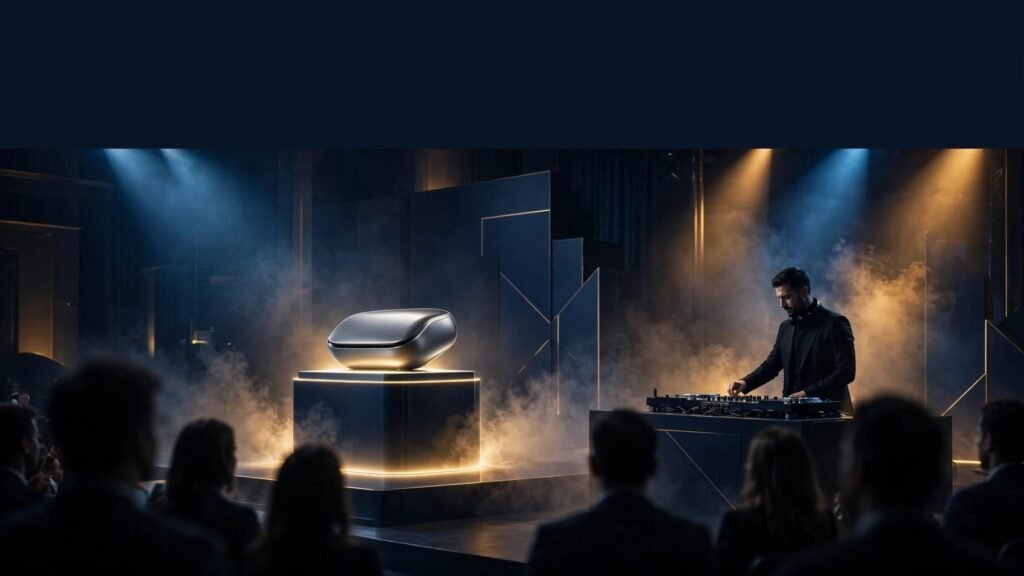 A DJ cues music beside a glowing product pedestal under blue and amber stage lights.