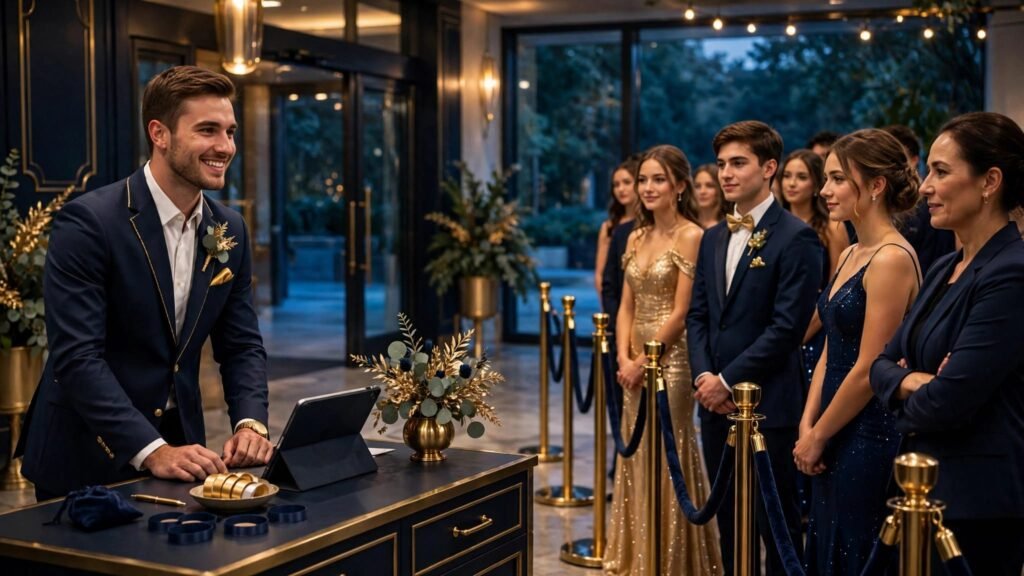 A coordinator checks in prom guests while students wait in organized lines.