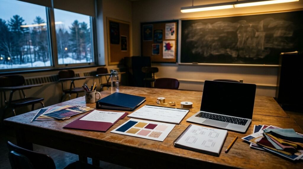 Prom planning folders, color swatches, seating charts, and a laptop on a classroom table.