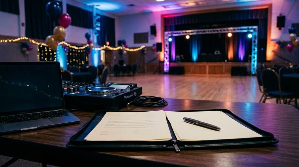 Prom DJ Contract Terms Schools Should Review Contract folder, laptop, and DJ console on a table in a lit school ballroom.