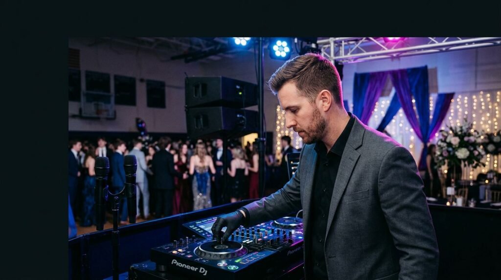 Prom DJ Cost in New Hampshire: A School Budget Guide A male DJ works at a console while blue and magenta lights illuminate a blurred school dance.