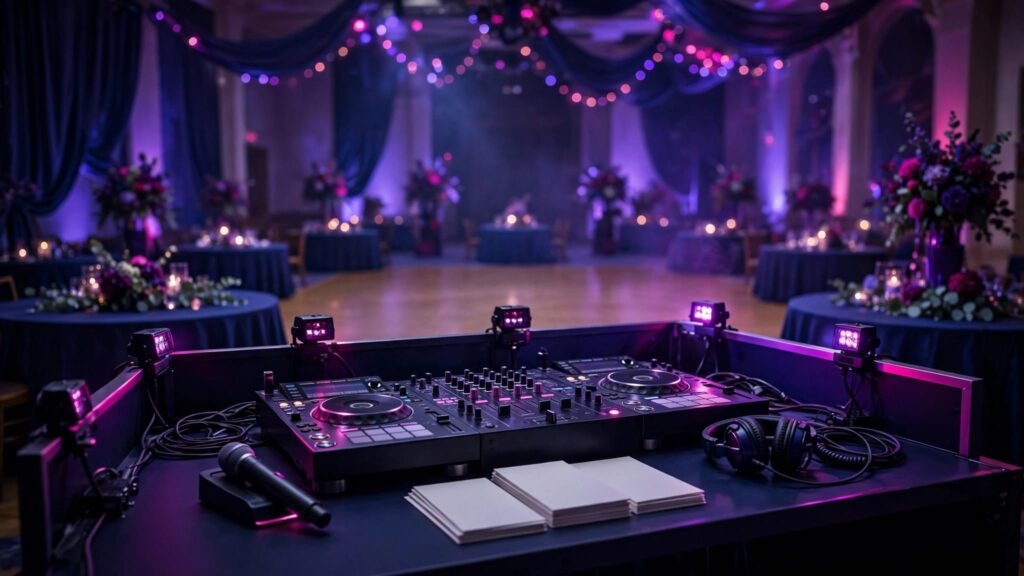 Organized DJ booth overlooking a decorated prom ballroom and empty dance floor.