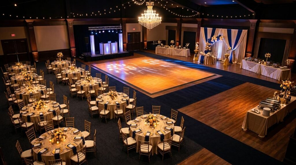 Overhead view of a prom ballroom with dinner tables, a dance floor, buffets, and a photo backdrop.