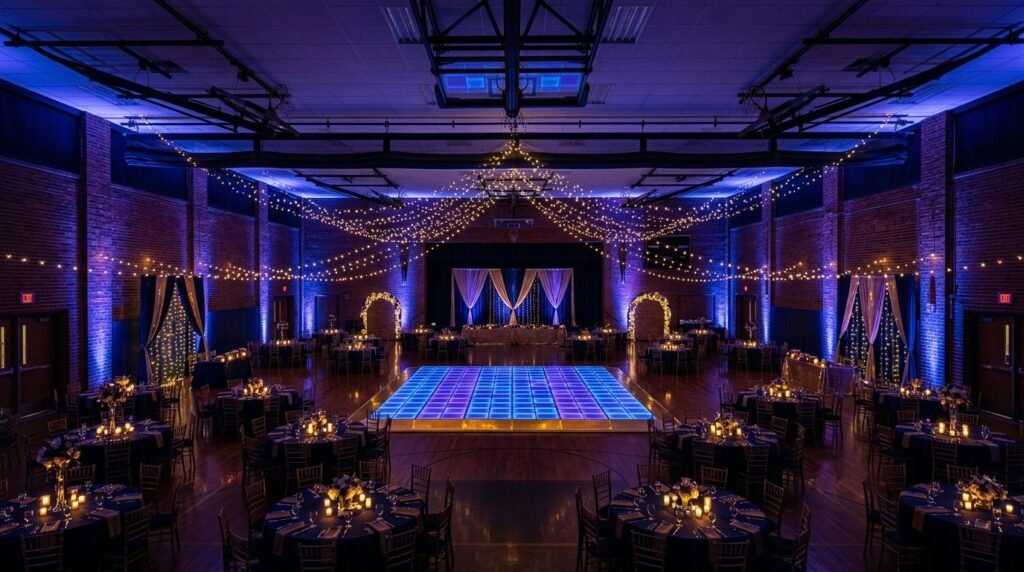 Prom Lighting Ideas That Transform a School Gym A decorated gym with purple lighting, glowing tables, and an illuminated dance floor.