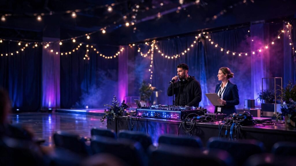 DJ and school coordinator prepare a brightly lit prom stage.