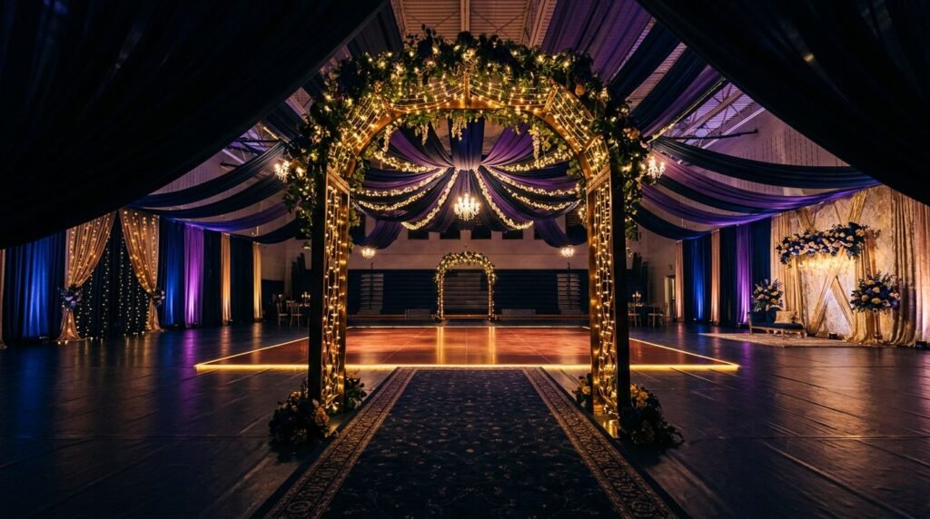 A decorated gym with string lights, a glowing dance floor, and colorful prom decorations.