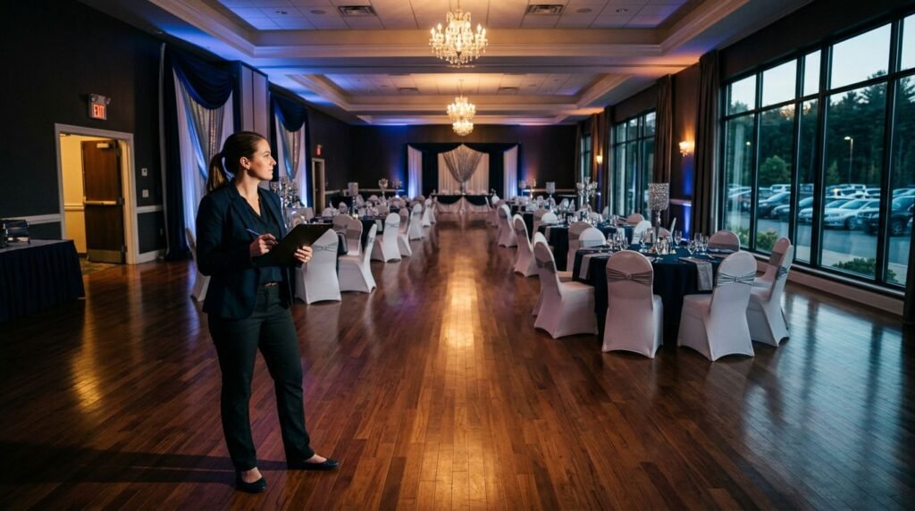 Coordinator inspecting a decorated ballroom with tables, exits, and parking visible through the windows.