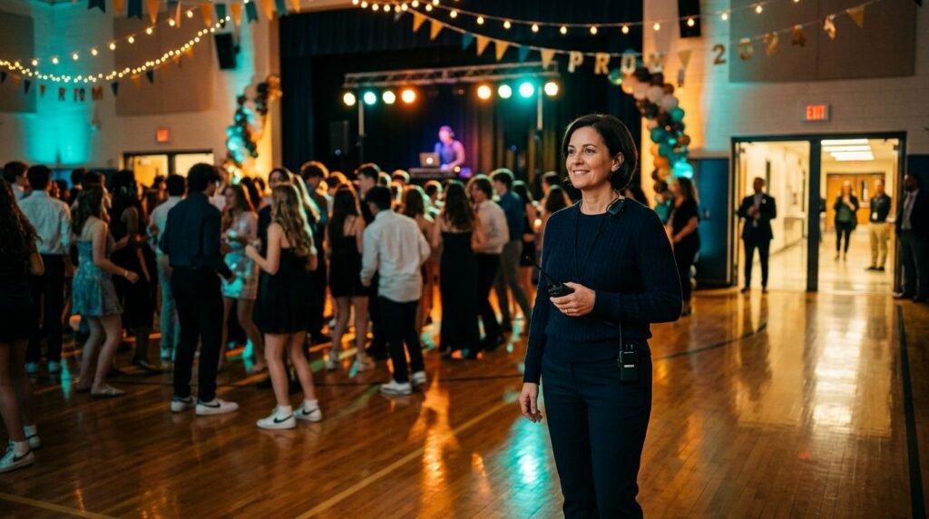 A chaperone watches students dancing in a warmly lit school gym.