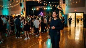 A chaperone watches students dancing in a warmly lit school gym.