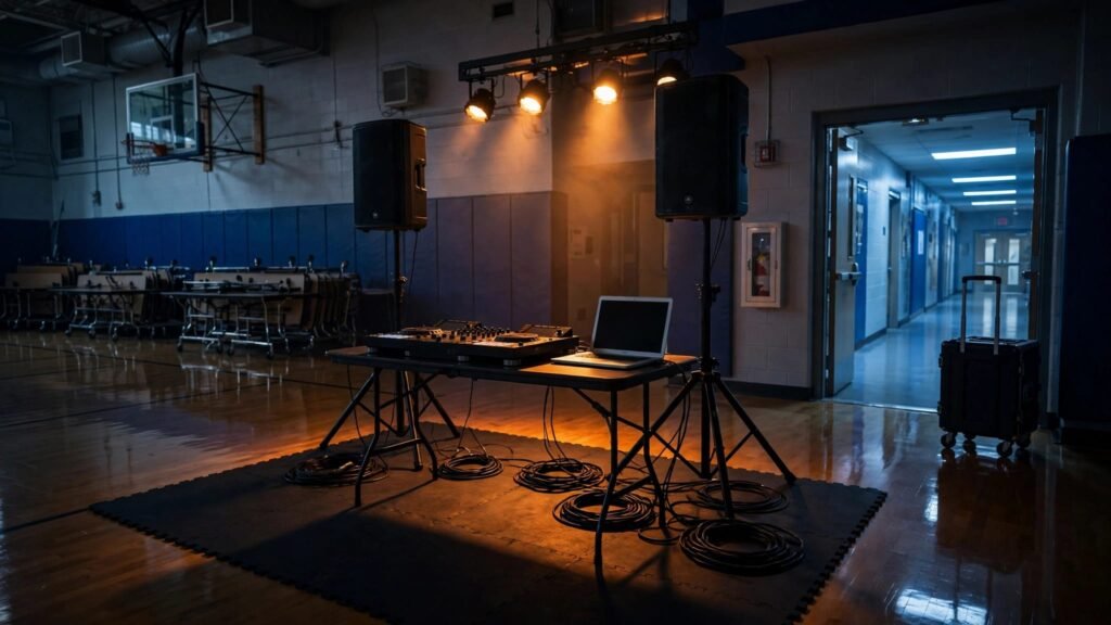 DJ gear, speakers, cables, and an equipment case arranged near a school gym entrance.