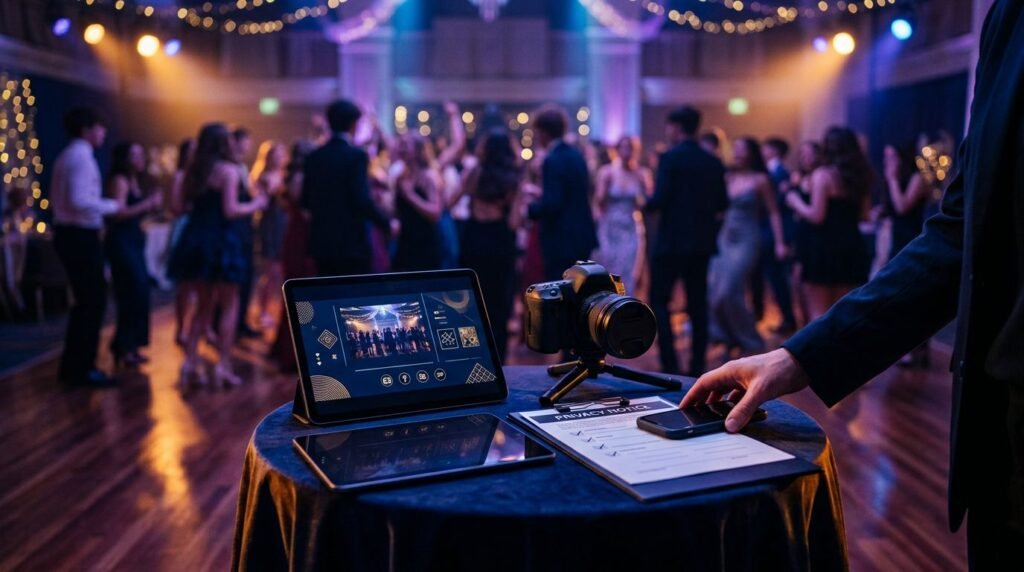 A tablet, camera, and clipboard sit near blurred dancers at a school dance.