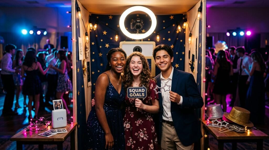 School Dance Photo Booth Ideas for Better Participation Three students pose in a colorful photo booth beside a dance floor.