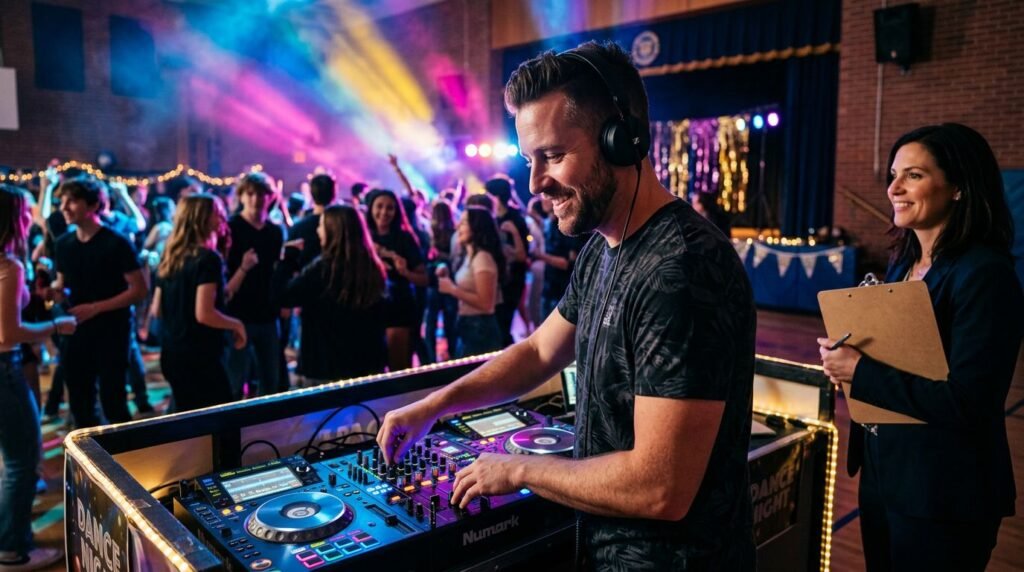 A DJ adjusts a lit console as students dance under colorful lights.
