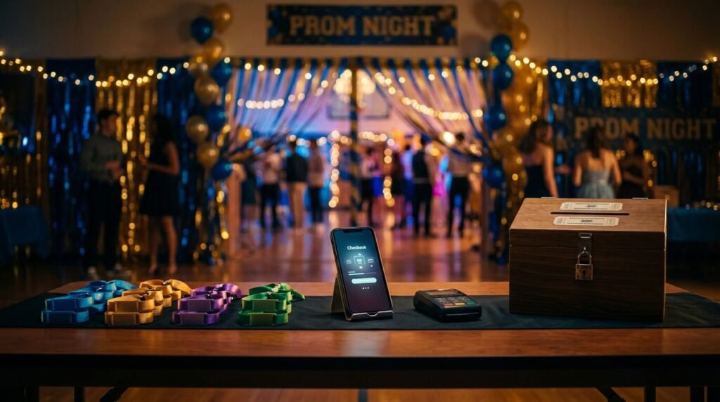 Colorful wristbands, a phone, card reader, and ticket box sit on a decorated gym table.