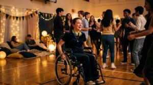 A wheelchair-using student enjoys a school dance while classmates socialize under warm lights.