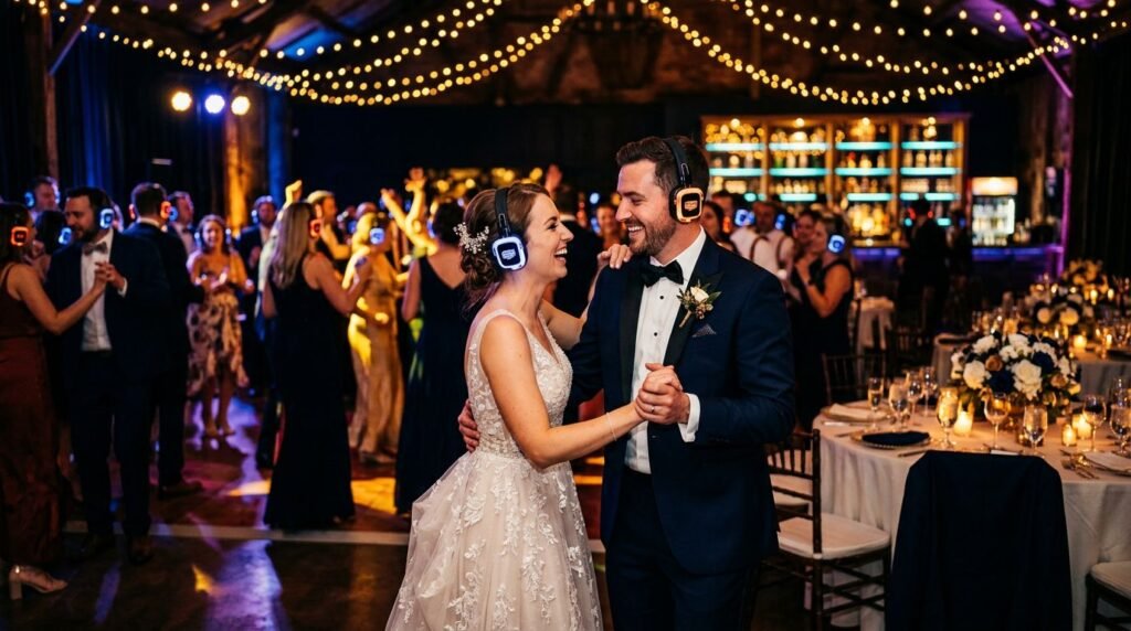 Silent Disco Wedding Planning That Keeps the Party Moving Bride and groom dancing in glowing headphones at a warmly lit wedding reception.