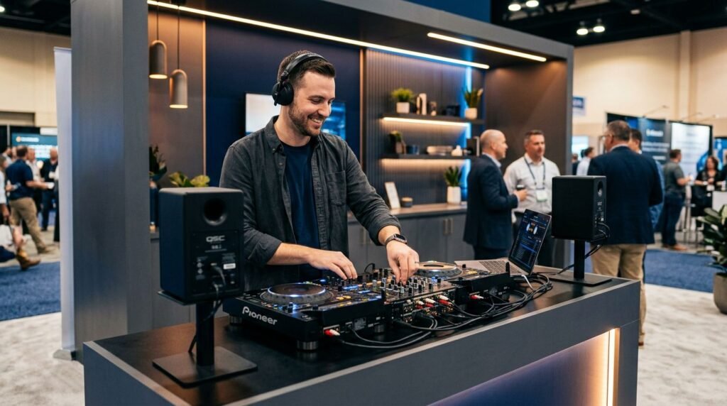 A DJ works at a console while exhibitors talk beside a product display.