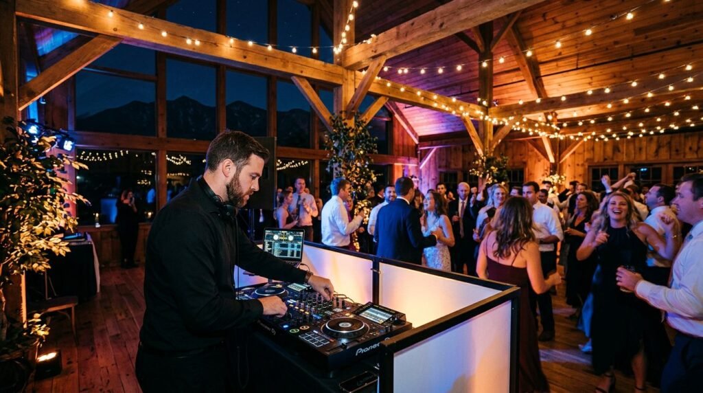 DJ mixing music at a colorful wedding afterparty in a mountain lodge.
