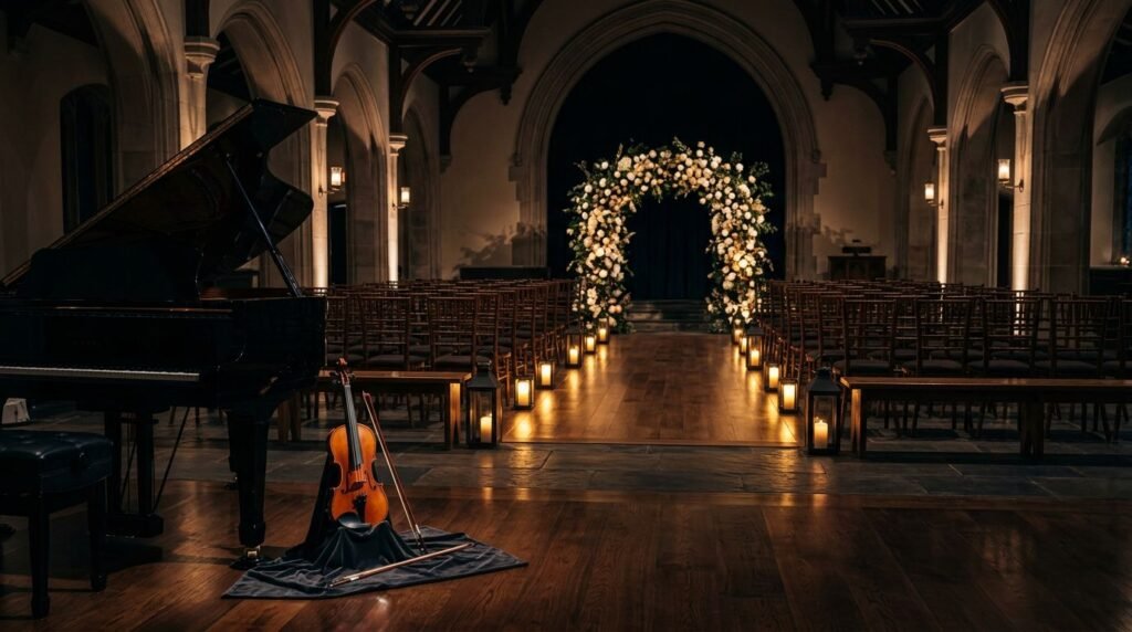 Wedding Ceremony Music Timeline for Every Key Moment A grand piano and violin face a flower-decorated wedding aisle.