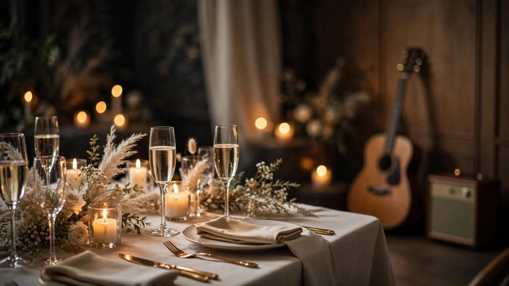 A candlelit wedding table with champagne, flowers, and a guitar near a vintage speaker.