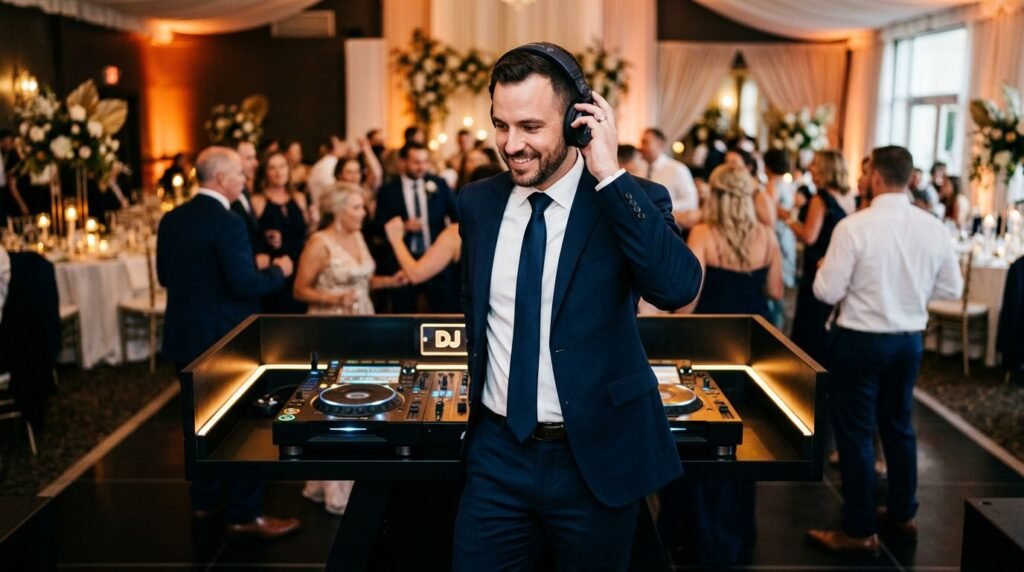 Wedding DJ in a navy suit adjusting headphones at a reception console.