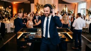 Wedding DJ in a navy suit adjusting headphones at a reception console.