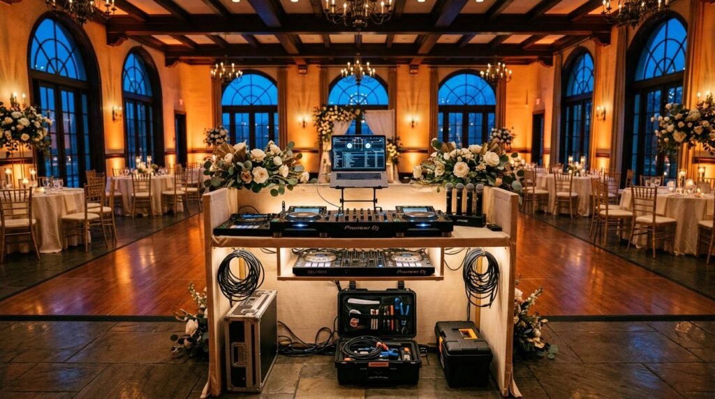 Wedding DJ Backup Plan Questions Worth Asking A wedding DJ booth with backup gear beside an empty dance floor.