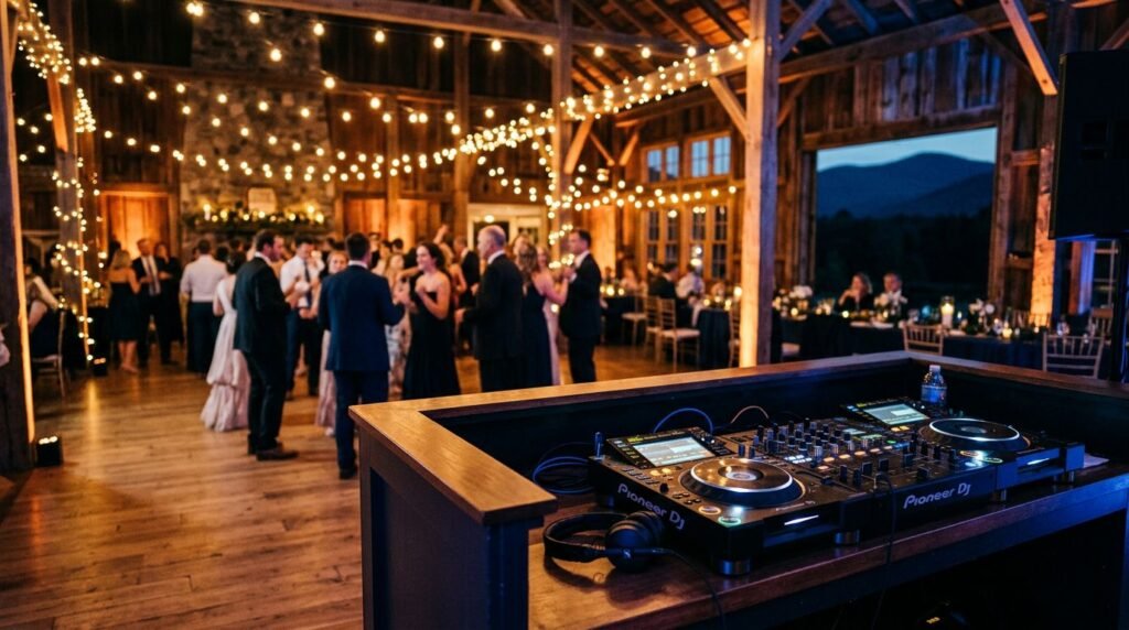 A wedding DJ console overlooks a warmly lit reception dance floor.