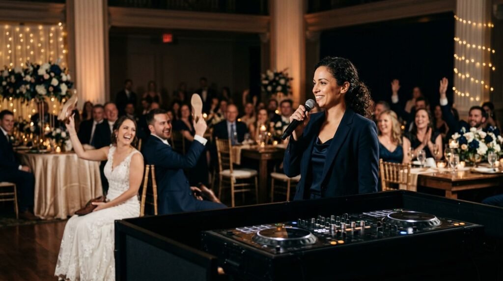 A wedding DJ leads a playful reception game as the newlyweds and guests laugh nearby.