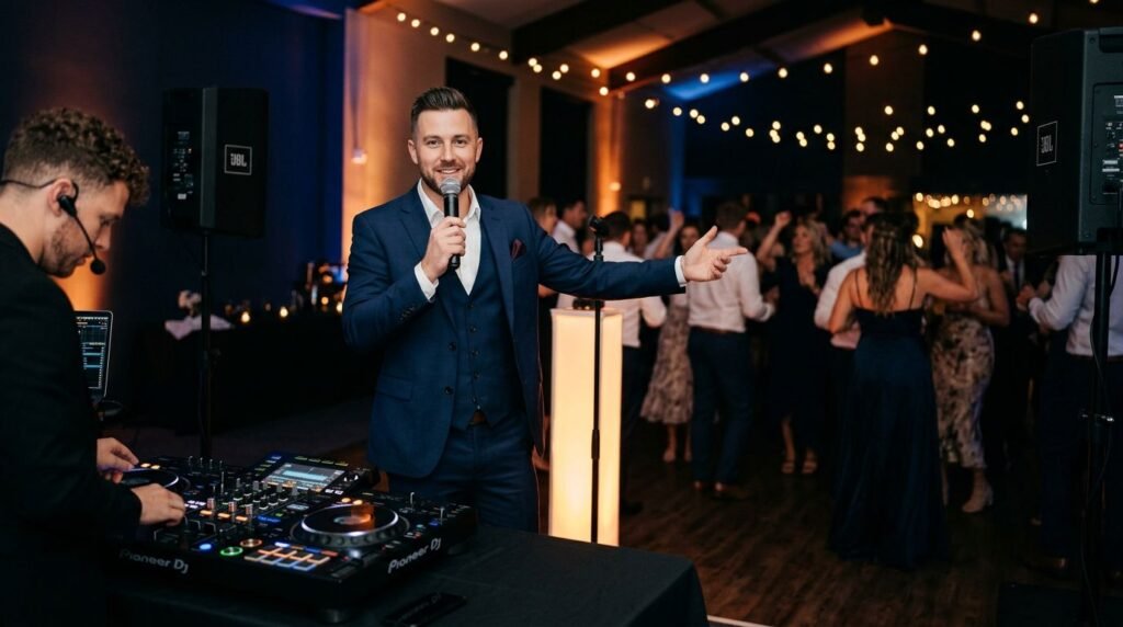 A wedding MC gestures near a microphone beside a glowing DJ console.